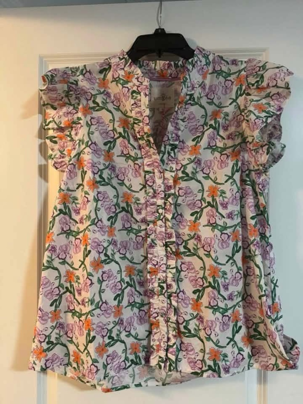 Umgee Floral Ruffle Sleeve Blouse - Violet & Orange